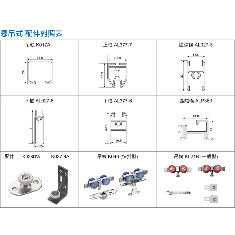 懸吊式配件對照表 K028DW K037-4A K040 K021B